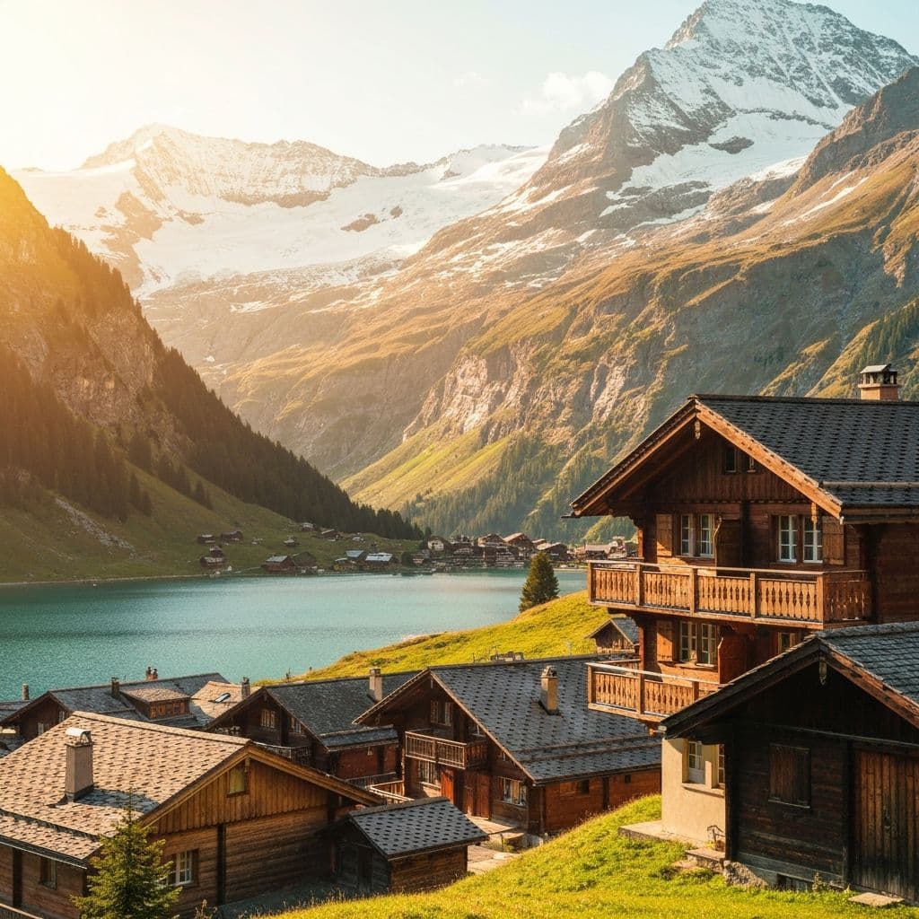 Swiss Alps mountain village with wooden chalets