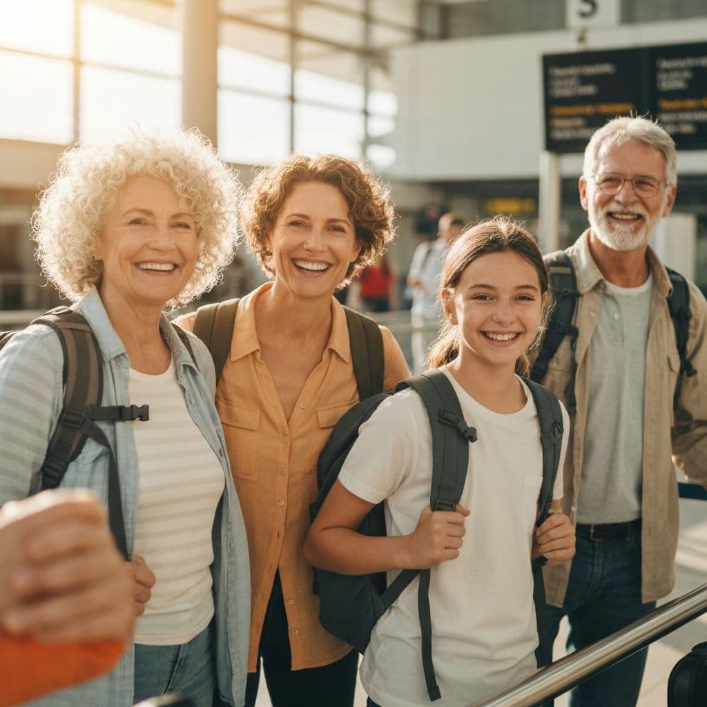 Happy family at an airport ready for adventure